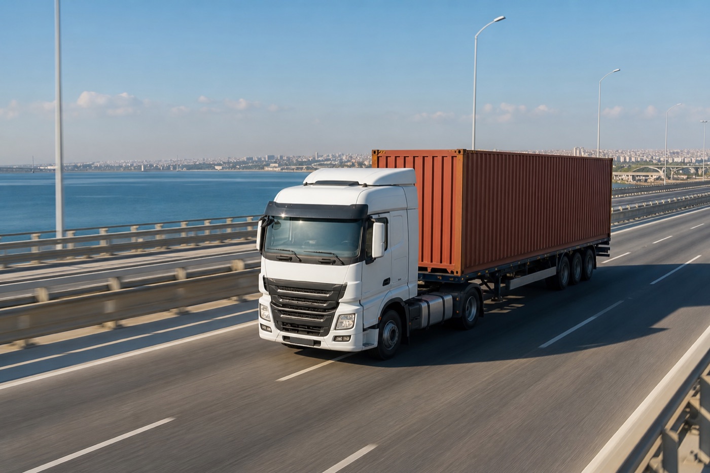 Inland Transportation — semi truck with shipping container on highway